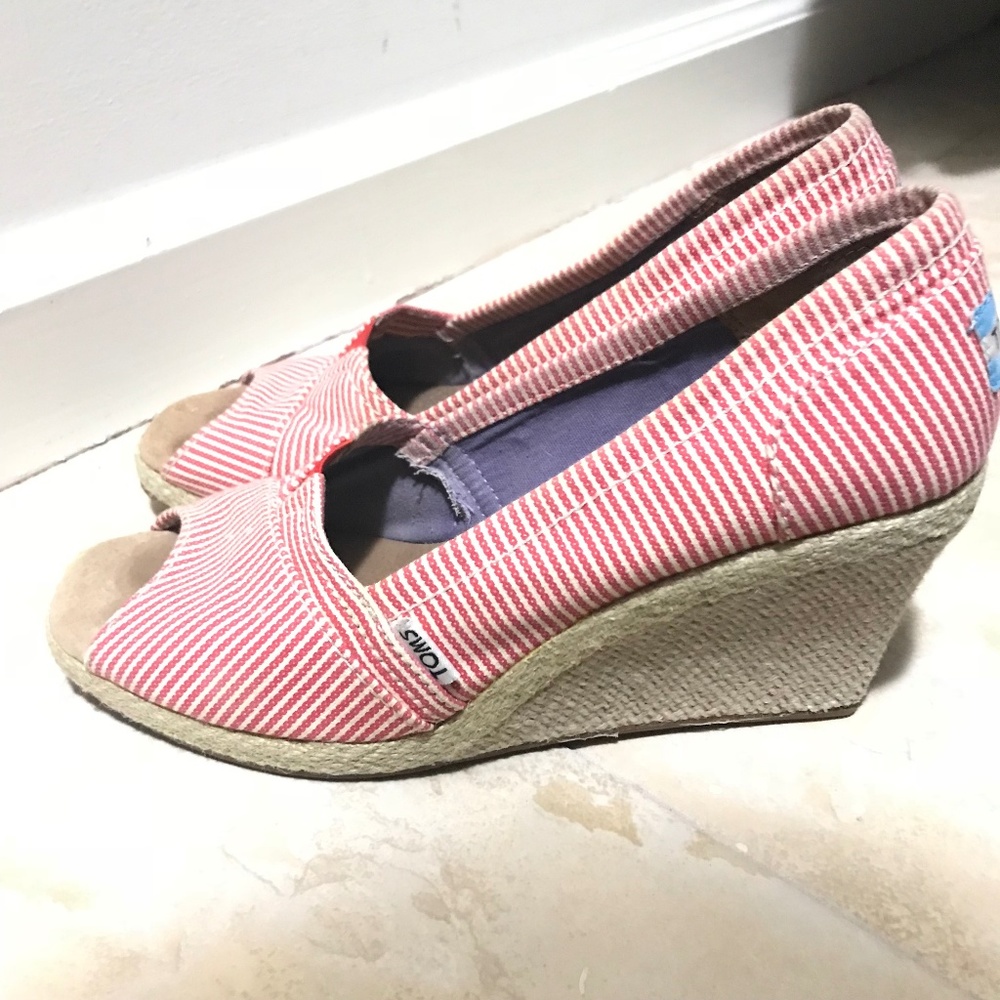 TOMS Red & White Striped Espadrille Wedges